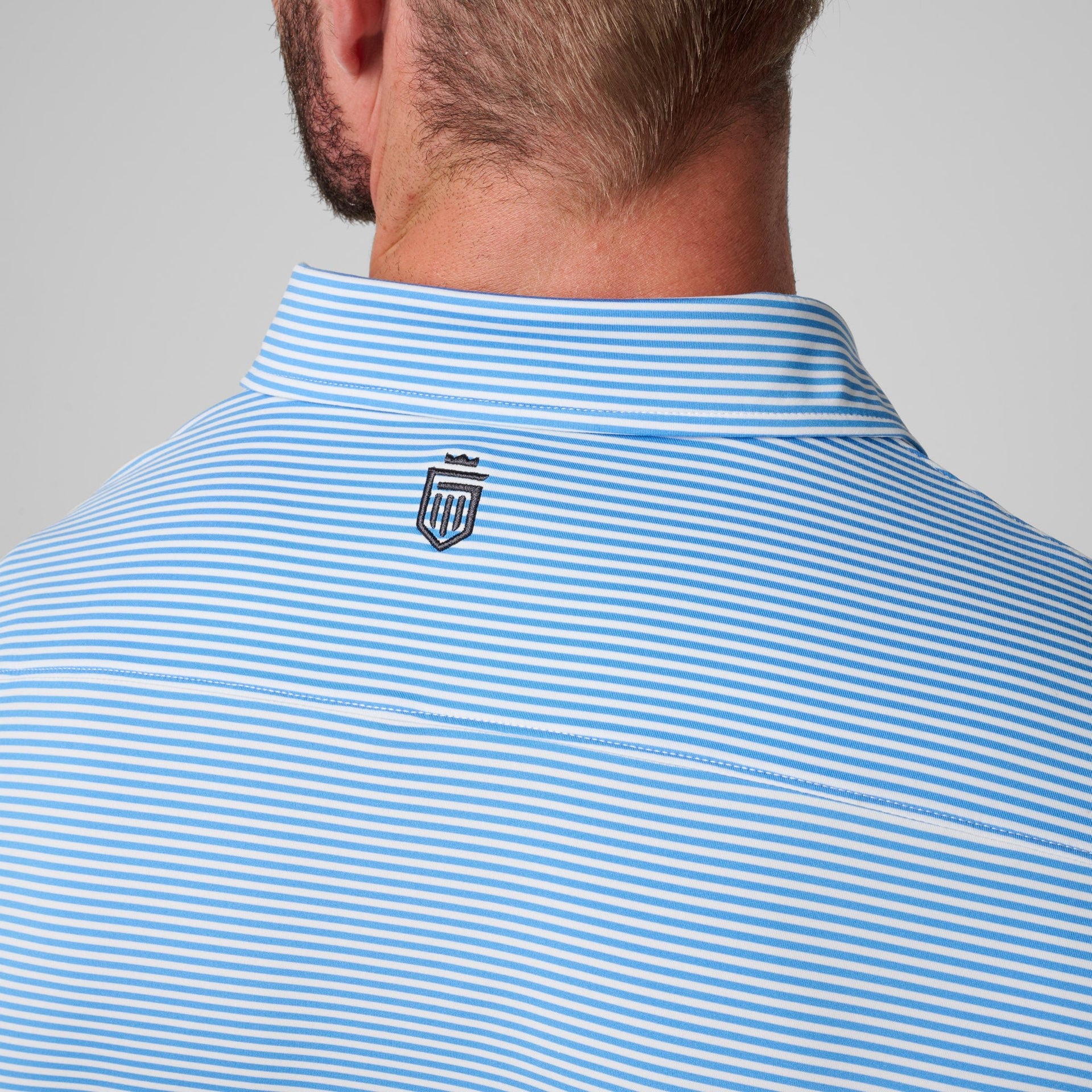 Blue and white striped polo shirt with small embroidered logo on back neck.
