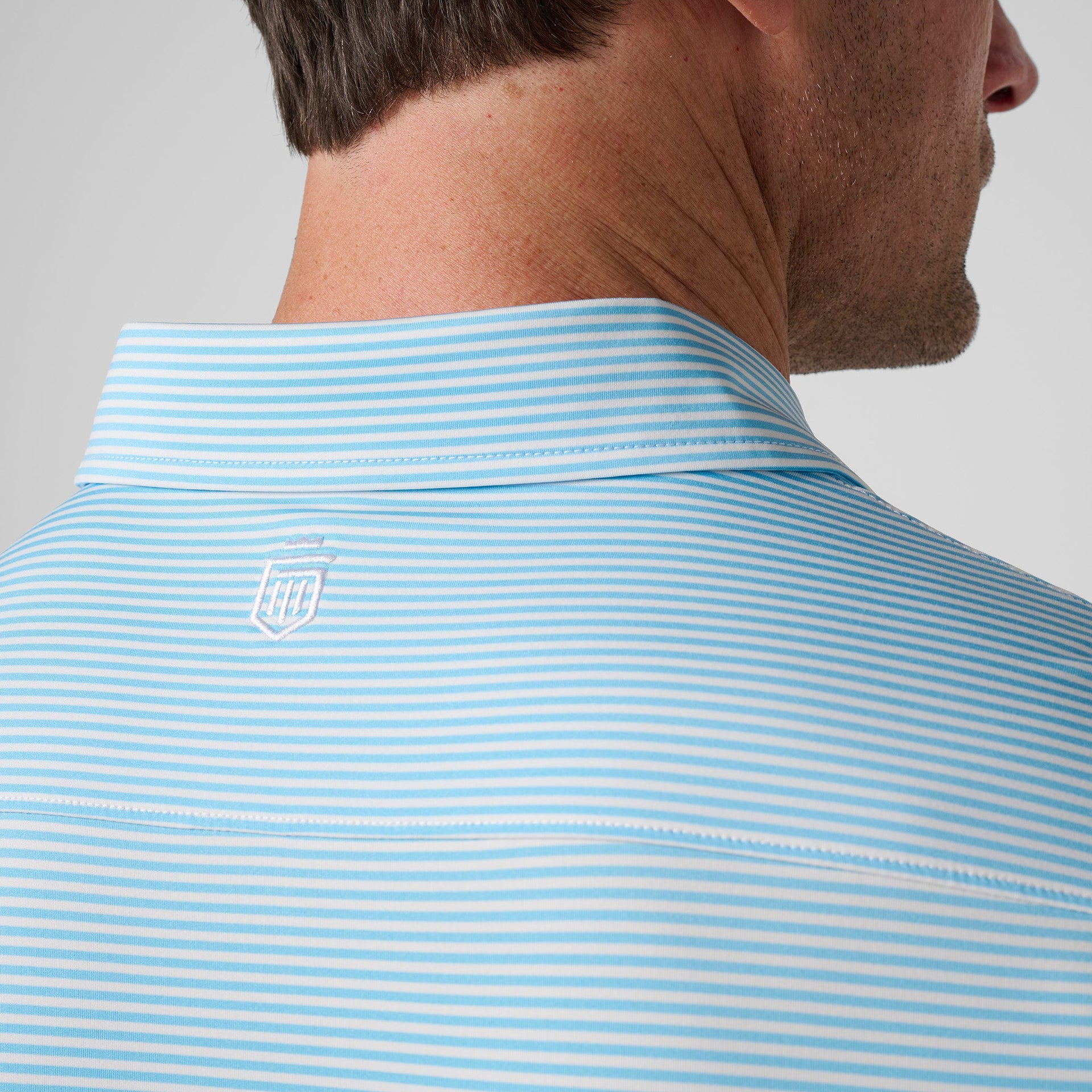 Blue and white striped polo shirt with small logo on back neck.