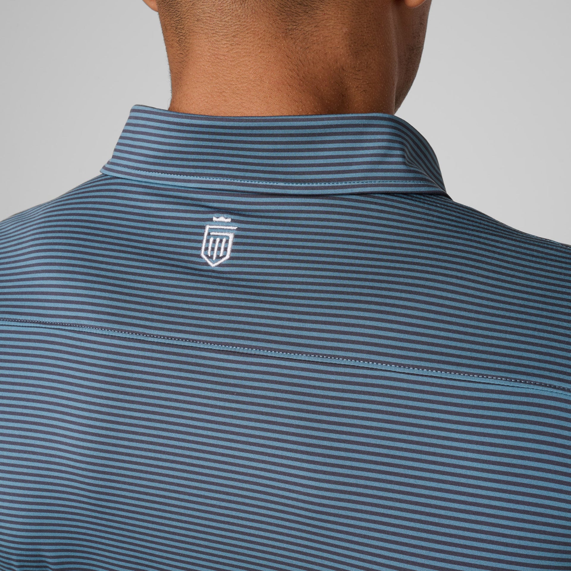 Man wearing blue and gray striped polo shirt with small emblem on back collar.