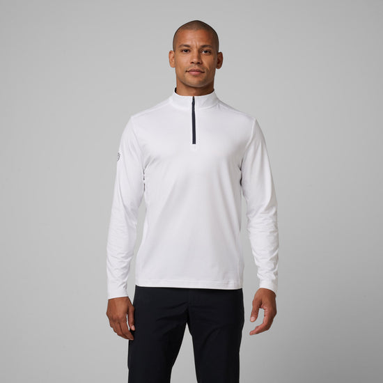 White long-sleeve quarter zip pullover with black trim at neckline, worn with black pants.
